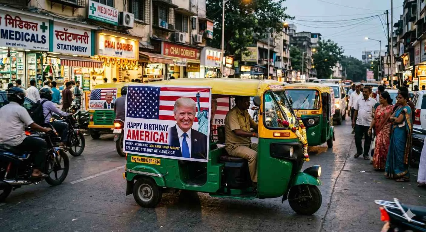 Trump posters are appearing on Indian auto-rickshaws for a 'Happy Birthday America!' campaign